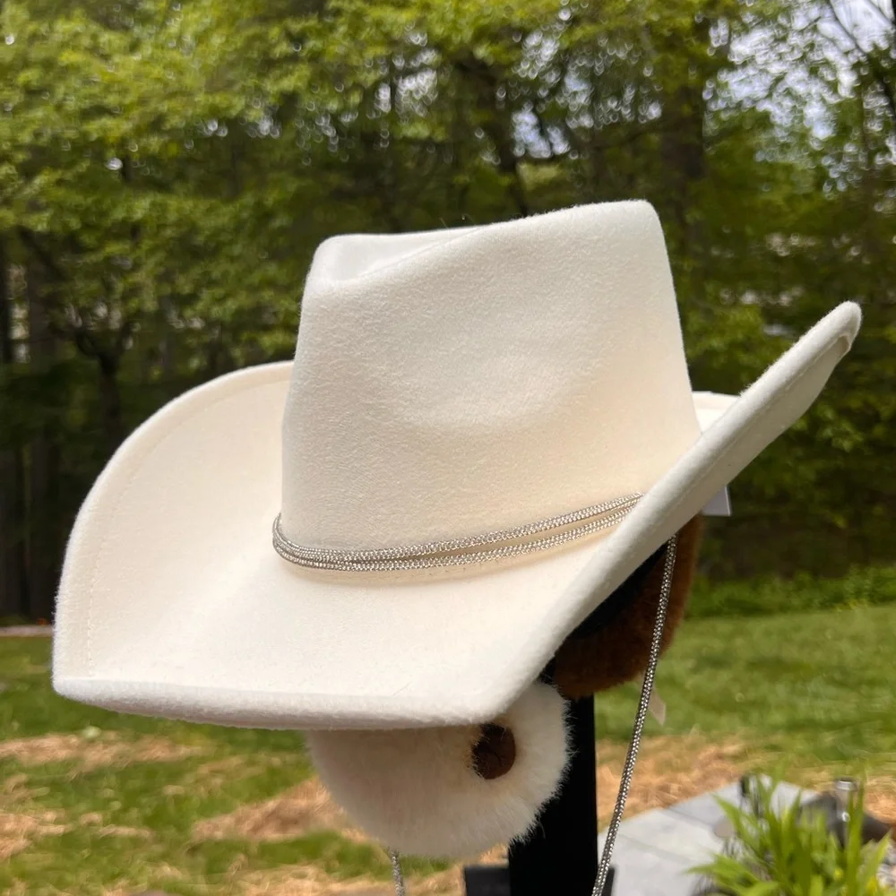 NWT White Rhinestone Strap Womens 7 Cowboy Hat Flat Brim Polyester Felt